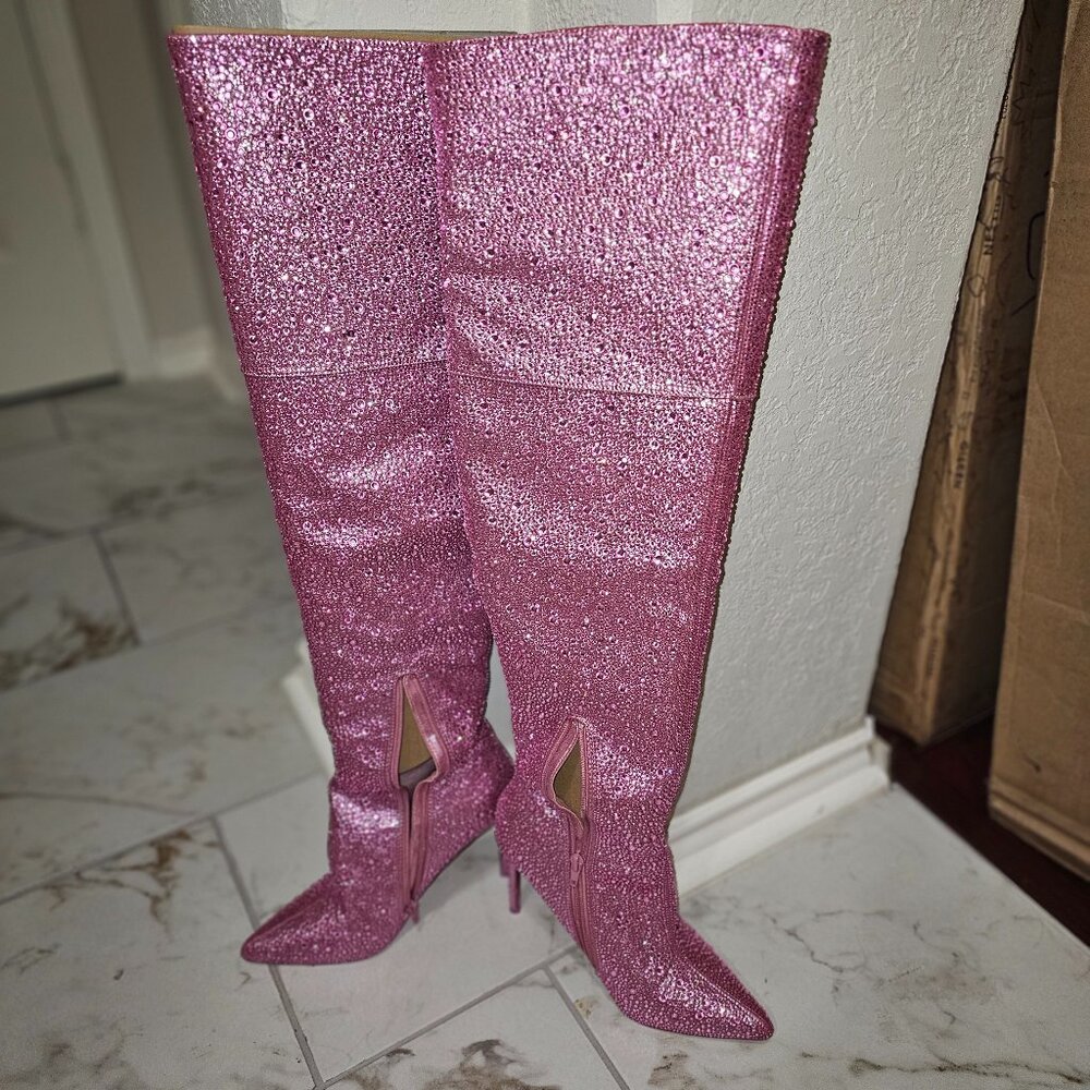 Steve Madden Vivienne Pink Rhinestone OTK Boots - Picture 4 of 8
